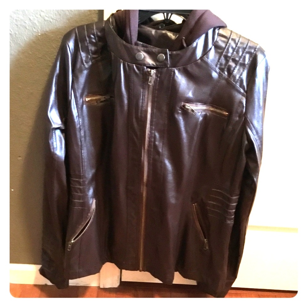 Junior brown leather like jacket with hoodie - Picture 2 of 6